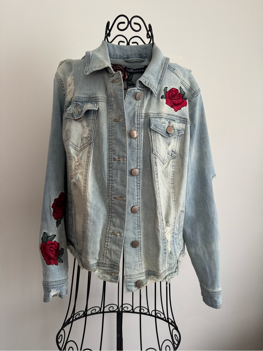 Dollhouse Light Wash Denim Jacket with Red Rose Appliqués